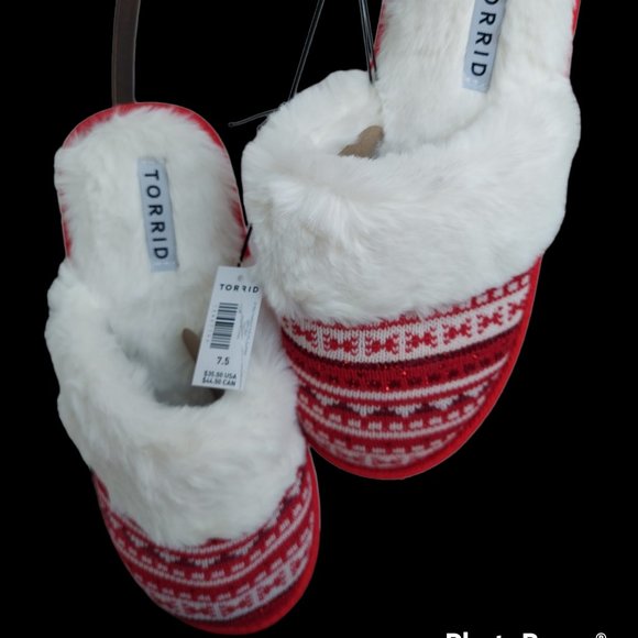 Torrid Red Fair Isle Faux Fur Slip-On Slipper Women's Size 7.5 NWT - Picture 2 of 5